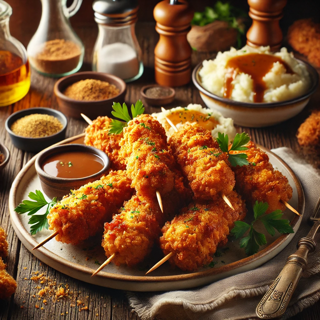 Golden, crispy breaded meat skewers that resemble fried chicken, served with mashed potatoes and gravy, garnished with fresh parsley.