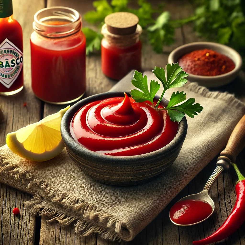 A small rustic ceramic bowl of rich red cocktail sauce sits on a wooden table. The glossy sauce is garnished with a lemon wedge and a sprig of parsley. Beside the bowl are ingredients including a bottle of chili sauce, a small jar of horseradish, and a bottle of Tabasco. A folded linen napkin and a small spoon complete the cozy and inviting presentation.