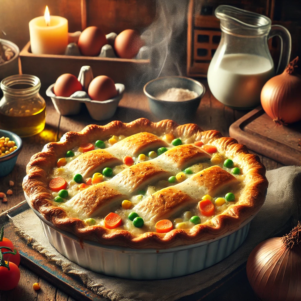 A classic chicken pot pie with a golden-brown, flaky crust, fresh out of the oven. The dish is presented in a warm, cozy kitchen setting, ready to serve. The pie's filling of chicken and vegetables peeks through the perfectly baked top, radiating warmth and comfort.