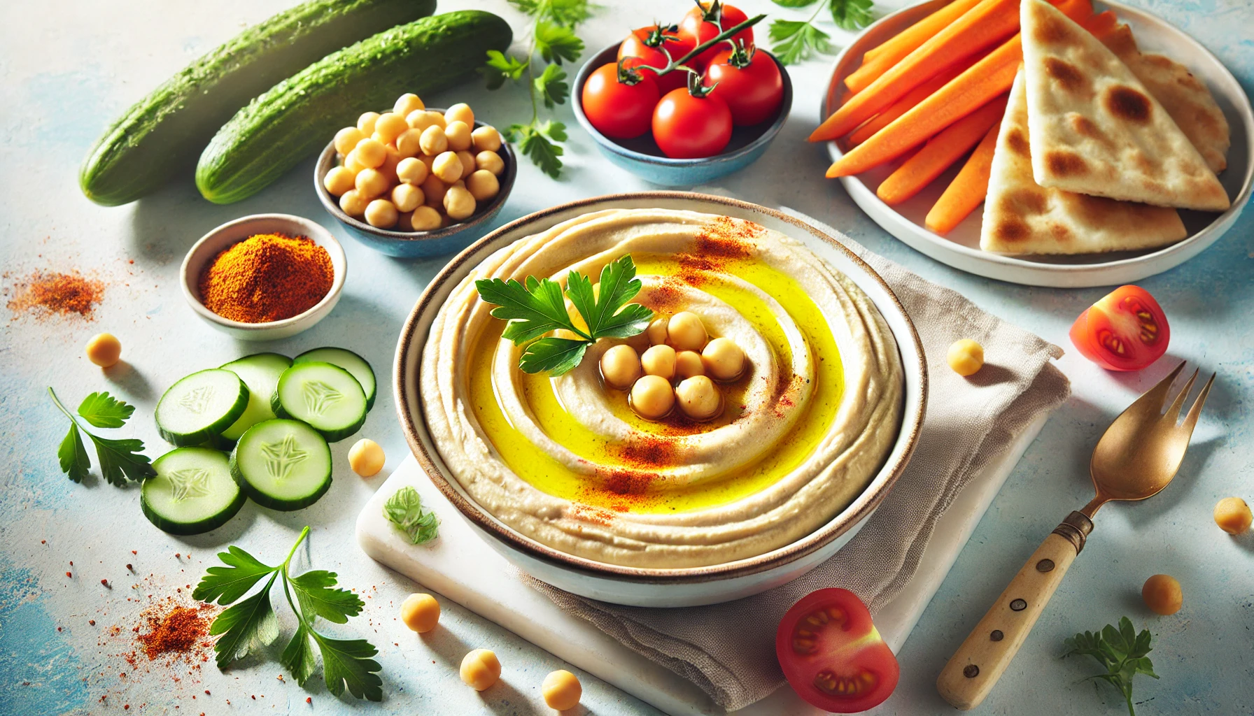 A bright and cheerful photo of classic creamy hummus served in a white bowl, garnished with olive oil, parsley, paprika, and chickpeas. Surrounded by fresh vegetables like cucumber slices, cherry tomatoes, carrot sticks, and pita wedges on a light marble background with soft natural lighting.