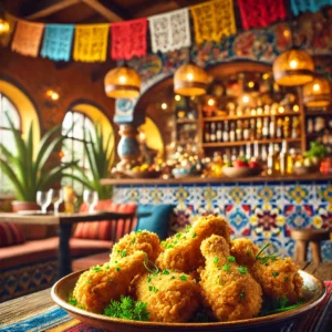 Old-fashioned chicken drumettes with a crispy coating, garnished with chives in a vibrant Mexican-style setting.