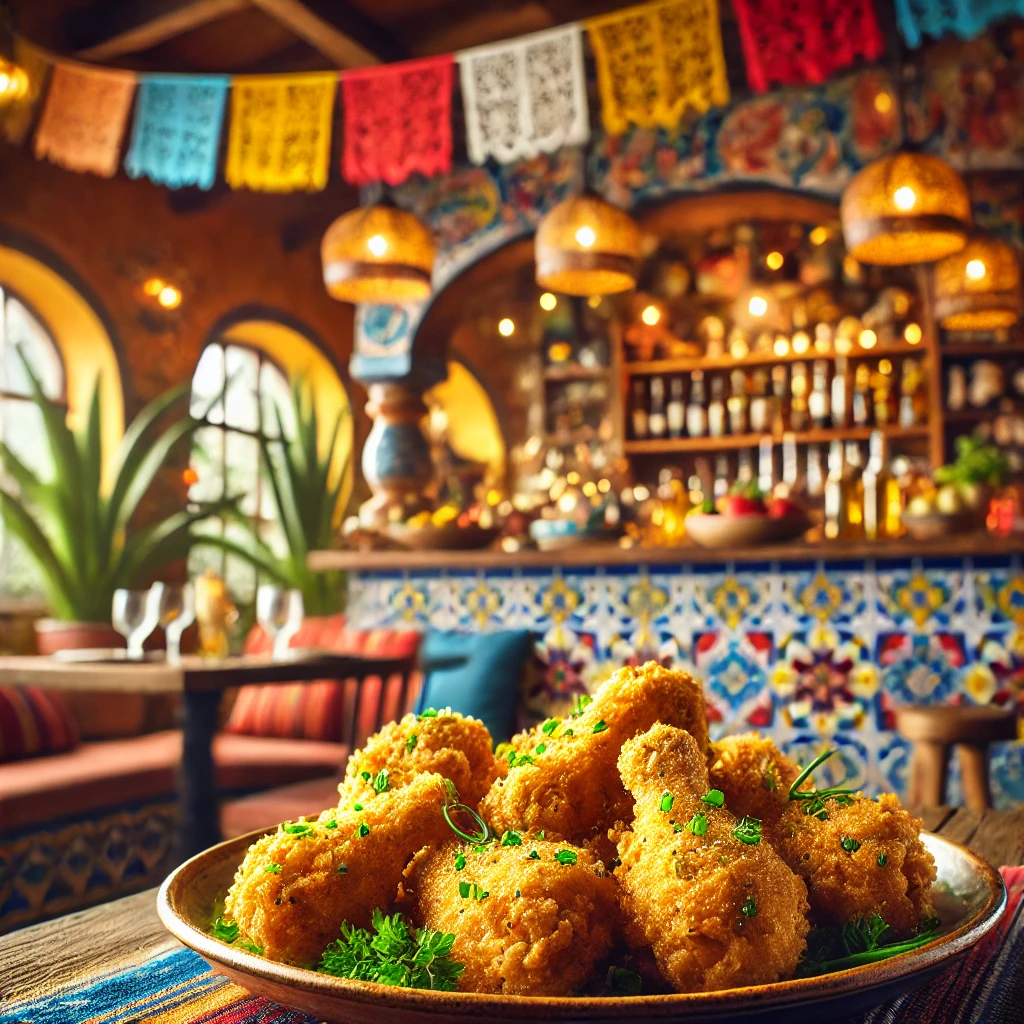 Old-fashioned chicken drumettes with a crispy coating, garnished with chives in a vibrant Mexican-style setting.