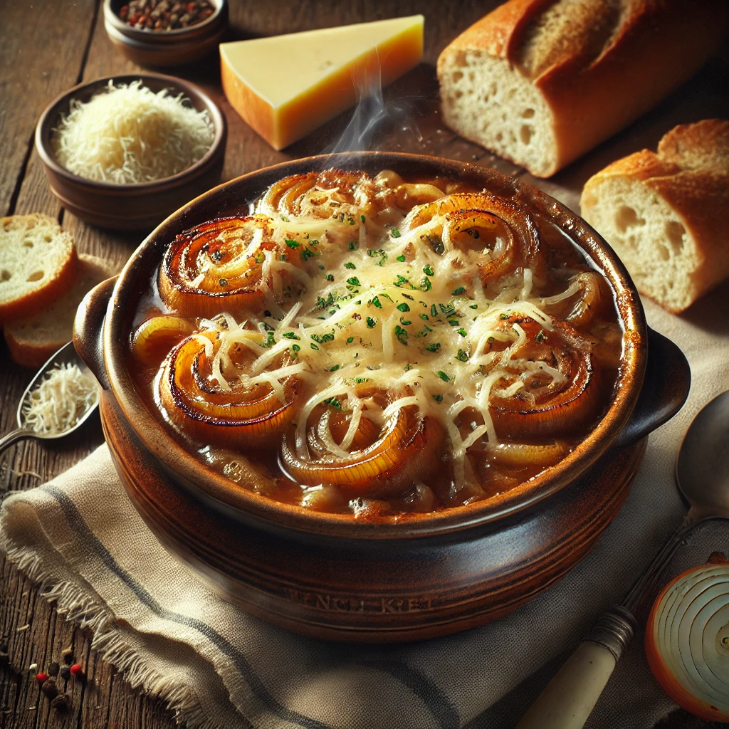 A rustic oven-safe bowl of French Market Onion Soup, featuring golden brown sautéed onions in rich beef broth, topped with a toasted slice of French baguette, melted Swiss and mozzarella cheeses, and a sprinkle of shredded parmesan. The cheese is lightly browned and bubbly. Nearby are slices of French bread, a small dish of grated parmesan, and a block of Swiss cheese on a wooden table.
