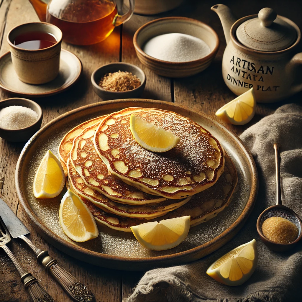 French Pancakes served on an artisan ANTA dinner plate, golden and delicate, folded into quarters and dusted with caster sugar. Lemon wedges are arranged beside them, styled on a rustic wooden table with a linen napkin, a small bowl of extra sugar, and a cup of tea.