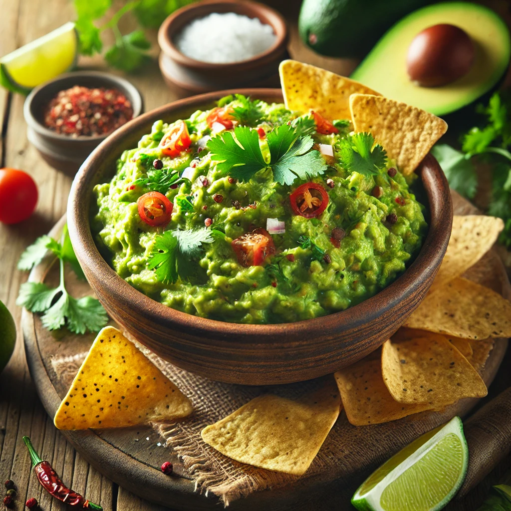Creamy mashed avocado mixed with fresh lime juice, chopped coriander, diced tomatoes, and red onion, garnished with coriander leaves and chili flakes, served with tortilla chips.