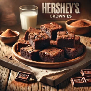 Classic Hershey's Best Brownies on a rustic wooden platter, featuring rich, fudgy brownies with a crackly top and a moist, chocolatey interior. Lightly dusted with cocoa powder, set on a wooden table with a glass of milk and a bowl of extra cocoa powder in the softly blurred background.