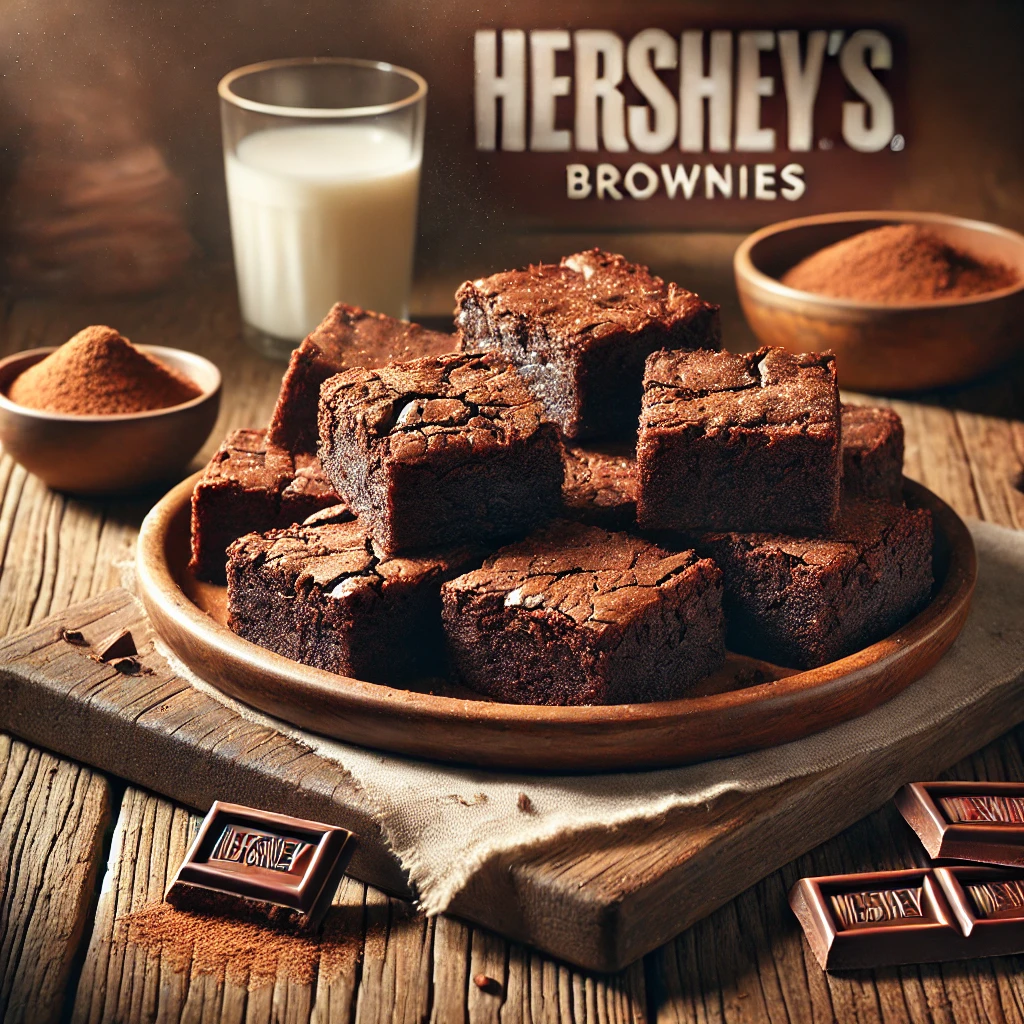 Classic Hershey's Best Brownies on a rustic wooden platter, featuring rich, fudgy brownies with a crackly top and a moist, chocolatey interior. Lightly dusted with cocoa powder, set on a wooden table with a glass of milk and a bowl of extra cocoa powder in the softly blurred background.