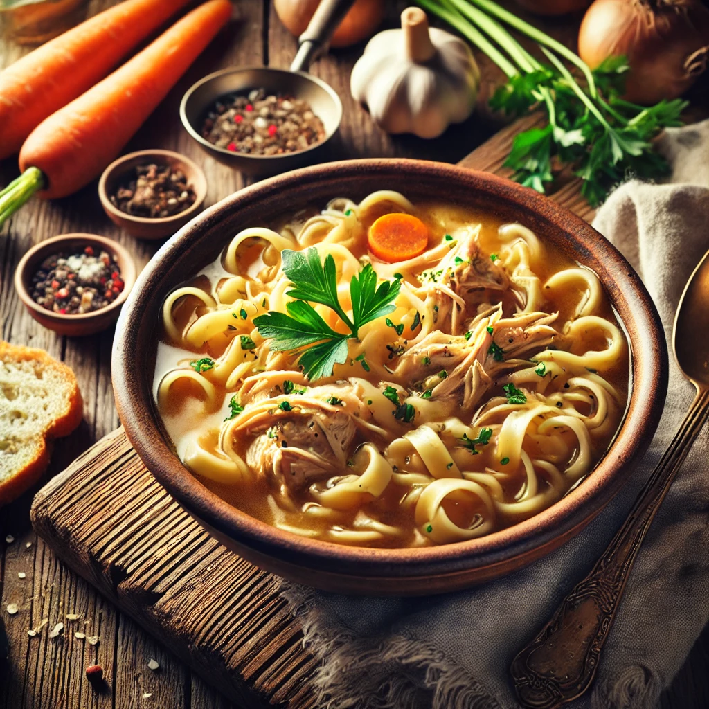 Tender shredded chicken simmered in a rich, flavorful broth with thick homemade egg noodles, garnished with fresh parsley and served with crusty bread.