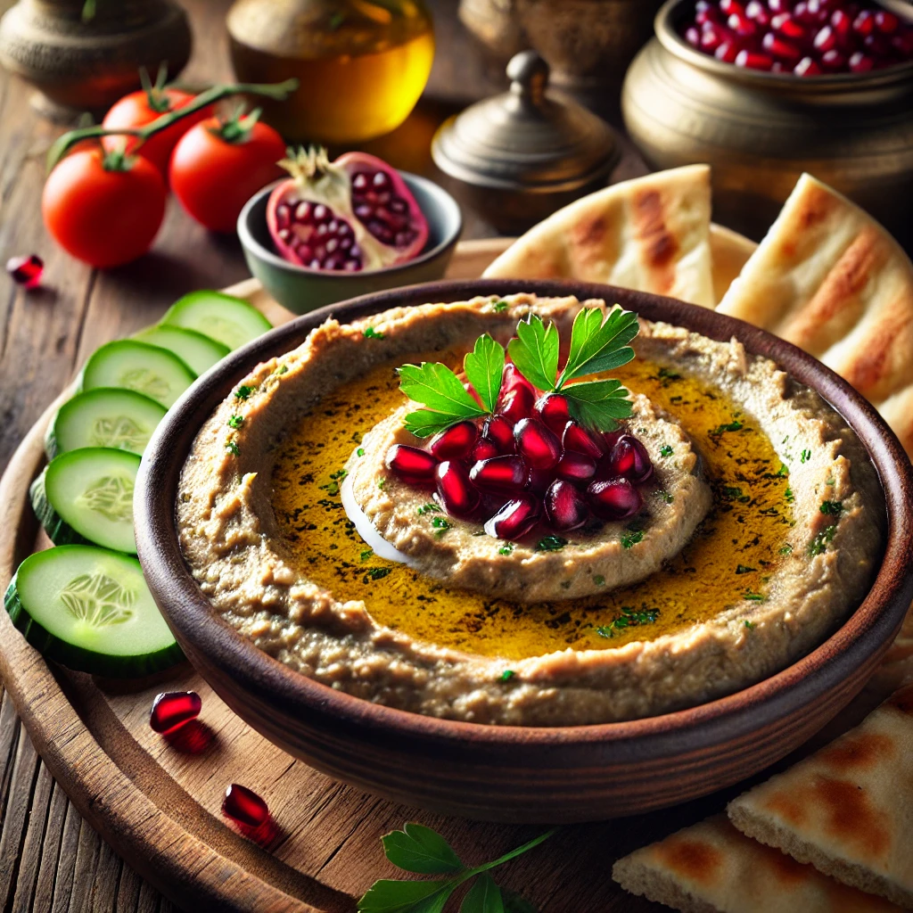 Classic Lebanese baba ghanoush in a rustic bowl, garnished with olive oil, pomegranate seeds, and parsley, surrounded by warm pita bread, cucumber slices, and cherry tomatoes, set on a wooden table with Middle Eastern decor.