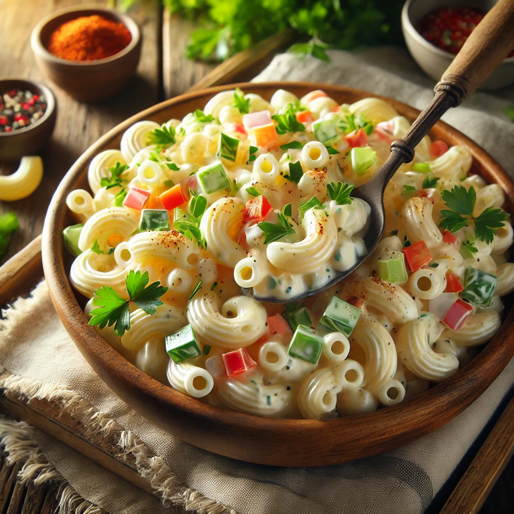 A bowl of classic macaroni salad with tender elbow macaroni, creamy mayonnaise-based dressing, diced celery, red bell pepper, and finely chopped red onion on a rustic wooden table. Garnished with fresh parsley and a sprinkle of paprika, with a serving spoon lifting a portion. A cozy napkin and wooden plate enhance the warm, inviting atmosphere.