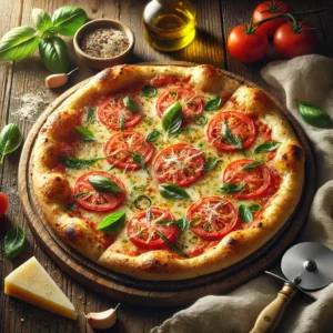 A freshly baked Margherita pizza with a golden, crispy crust sits on a rustic wooden table. It is topped with melted mozzarella, marinated Roma tomatoes, freshly shredded Parmesan cheese, and garnished with thin strips of fresh basil. Drizzles of olive oil add a glossy finish. Surrounding the pizza are fresh basil leaves, a small bowl of Parmesan, a bottle of olive oil, and a pizza cutter.