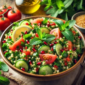 Classic Middle Eastern tabouleh salad with parsley, mint, tomatoes, cucumbers, and bulgur, tossed in lemon and olive oil, garnished with pomegranate seeds and sumac, served in a rustic bowl on a wooden table with lemon wedges.
