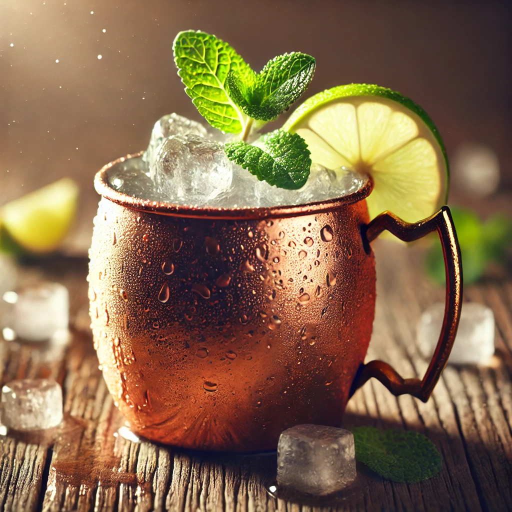 A beautifully crafted Classic Moscow Mule cocktail served in a traditional copper mug filled with ice, garnished with a lime wedge and a sprig of mint. The mug rests on a rustic wooden table with condensation forming on the sides, emphasizing the refreshing and timeless appeal of the cocktail.