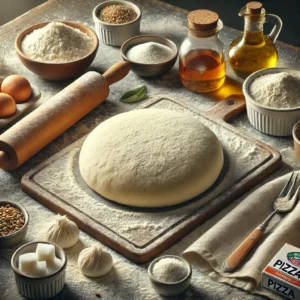 Multiple round balls of NY-style pizza dough sit on a floured wooden surface, smooth and ready for proofing. Surrounding the dough are small bowls of flour, sugar, and salt, along with a bottle of olive oil and a packet of dry yeast. A rolling pin and a folded linen napkin complete the rustic and cozy presentation, highlighted by soft natural light.