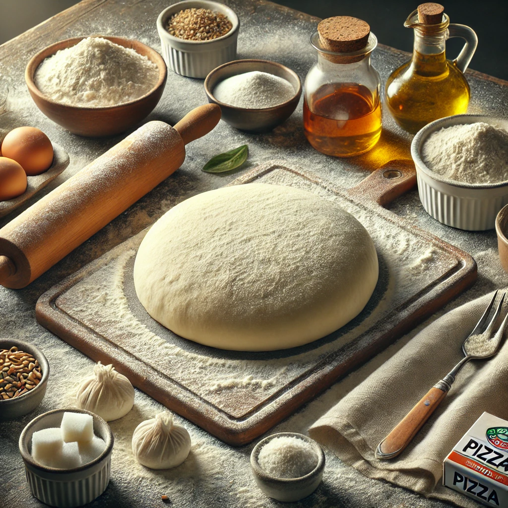 Multiple round balls of NY-style pizza dough sit on a floured wooden surface, smooth and ready for proofing. Surrounding the dough are small bowls of flour, sugar, and salt, along with a bottle of olive oil and a packet of dry yeast. A rolling pin and a folded linen napkin complete the rustic and cozy presentation, highlighted by soft natural light.