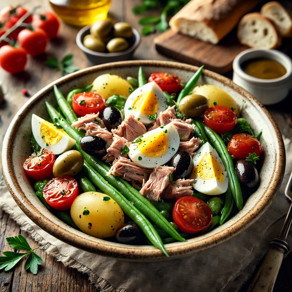 Crisp green beans, cherry tomatoes, boiled potatoes, black olives, and hard-boiled eggs arranged around flaked tuna, drizzled with a light Champagne vinaigrette and garnished with fresh parsley.