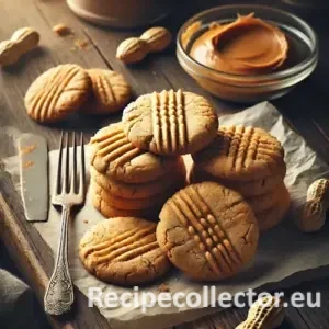 Golden brown peanut butter cookies with fork marks, arranged on parchment over a wooden table with a small bowl of peanut butter and vintage fork nearby.