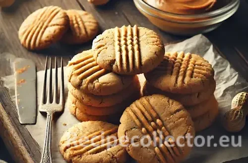 Golden brown peanut butter cookies with fork marks, arranged on parchment over a wooden table with a small bowl of peanut butter and vintage fork nearby.
