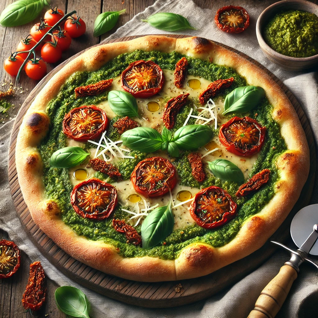 A pesto pizza with a golden NY-style crust sits on a rustic wooden table. The pizza is topped with vibrant green pesto, sun-dried tomato slices, melted mozzarella, and Parmesan cheese. The edges of the crust are lightly browned, and the toppings are golden and bubbling. Nearby are fresh basil leaves, a bowl of pesto, sun-dried tomatoes, and a small bottle of olive oil, along with a pizza cutter and a folded linen napkin.