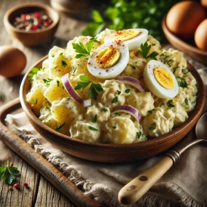 A bowl of classic potato salad with tender potato chunks, creamy mayonnaise-based dressing, diced celery, red onion, and chopped hard-boiled eggs on a rustic wooden table. Garnished with fresh parsley and a sprinkle of paprika, with a serving spoon lifting a portion. A cozy napkin and wooden plate enhance the warm, inviting atmosphere.