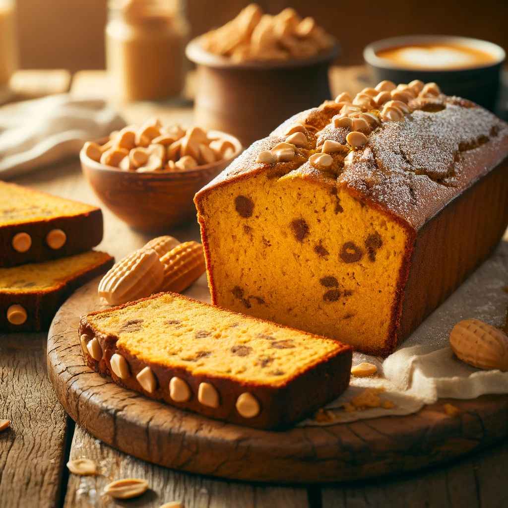 Classic Pumpkin Bread with Peanut Butter Chips on a rustic wooden platter, featuring golden-brown, moist bread generously studded with peanut butter chips. A few slices are cut to reveal the soft, spiced interior, set on a wooden table with a cup of coffee and a bowl of extra peanut butter chips in the softly blurred background.