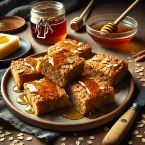 A batch of freshly baked flapjacks, golden brown with a slightly crisp edge, cut into neat wedges and served on a rustic ceramic plate. The texture of the oats is visible, with a slight sheen of honey glazing the surface. The plate rests on a rustic wooden table, surrounded by a drizzle of honey, a butter knife, and a few scattered oats for a natural touch. Warm, soft lighting enhances the cozy and homemade feel of the scene.