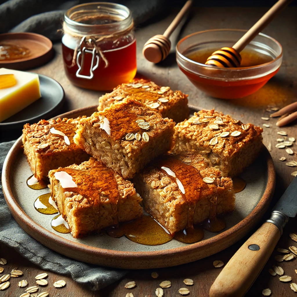 A batch of freshly baked flapjacks, golden brown with a slightly crisp edge, cut into neat wedges and served on a rustic ceramic plate. The texture of the oats is visible, with a slight sheen of honey glazing the surface. The plate rests on a rustic wooden table, surrounded by a drizzle of honey, a butter knife, and a few scattered oats for a natural touch. Warm, soft lighting enhances the cozy and homemade feel of the scene.