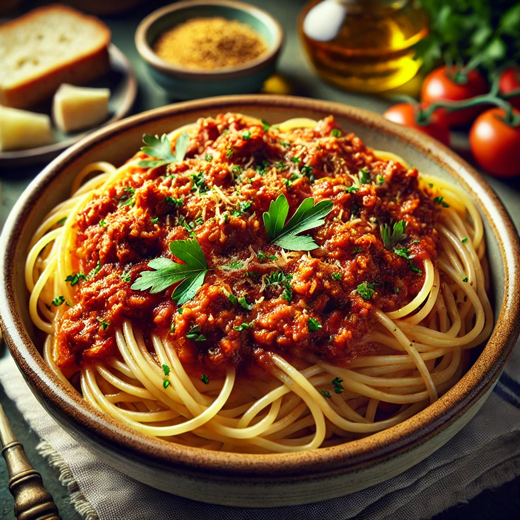 A plate of al dente spaghetti topped with a rich, meaty Bolognese sauce made from ground pork, tomato puree, and fragrant herbs. Garnished with freshly chopped parsley, the dish is served in a rustic ceramic bowl with a cozy Italian-inspired background, including fresh herbs, Parmesan cheese, and crusty bread. Warm natural lighting enhances the vibrant red sauce and the inviting texture of the pasta.