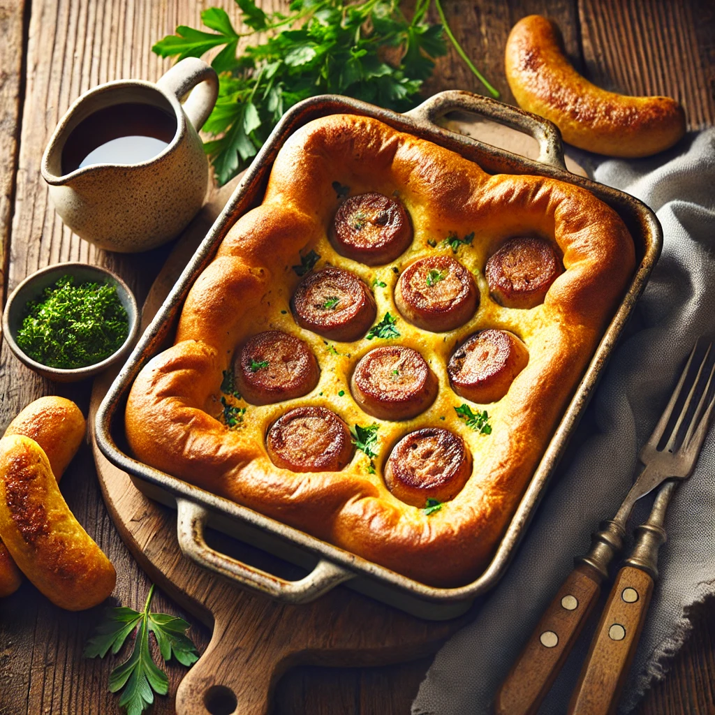 Golden puffed batter encasing juicy beef sausages, served in a rustic baking pan and garnished with fresh parsley, with a small jug of gravy on the side, set on a wooden table illuminated by soft natural lighting to create a cozy and hearty presentation.
