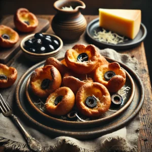 Yorkshire Puddings served on an artisan ceramic plate, golden brown, crispy on the outside, and airy on the inside. Some are filled with black olives and Parmesan shavings as canapés. The dish is styled on a rustic wooden table with a linen napkin, a small bowl of black olives, and a wedge of Parmesan cheese.
