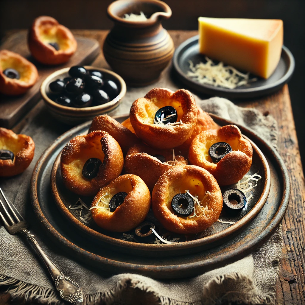 Yorkshire Puddings served on an artisan ceramic plate, golden brown, crispy on the outside, and airy on the inside. Some are filled with black olives and Parmesan shavings as canapés. The dish is styled on a rustic wooden table with a linen napkin, a small bowl of black olives, and a wedge of Parmesan cheese.