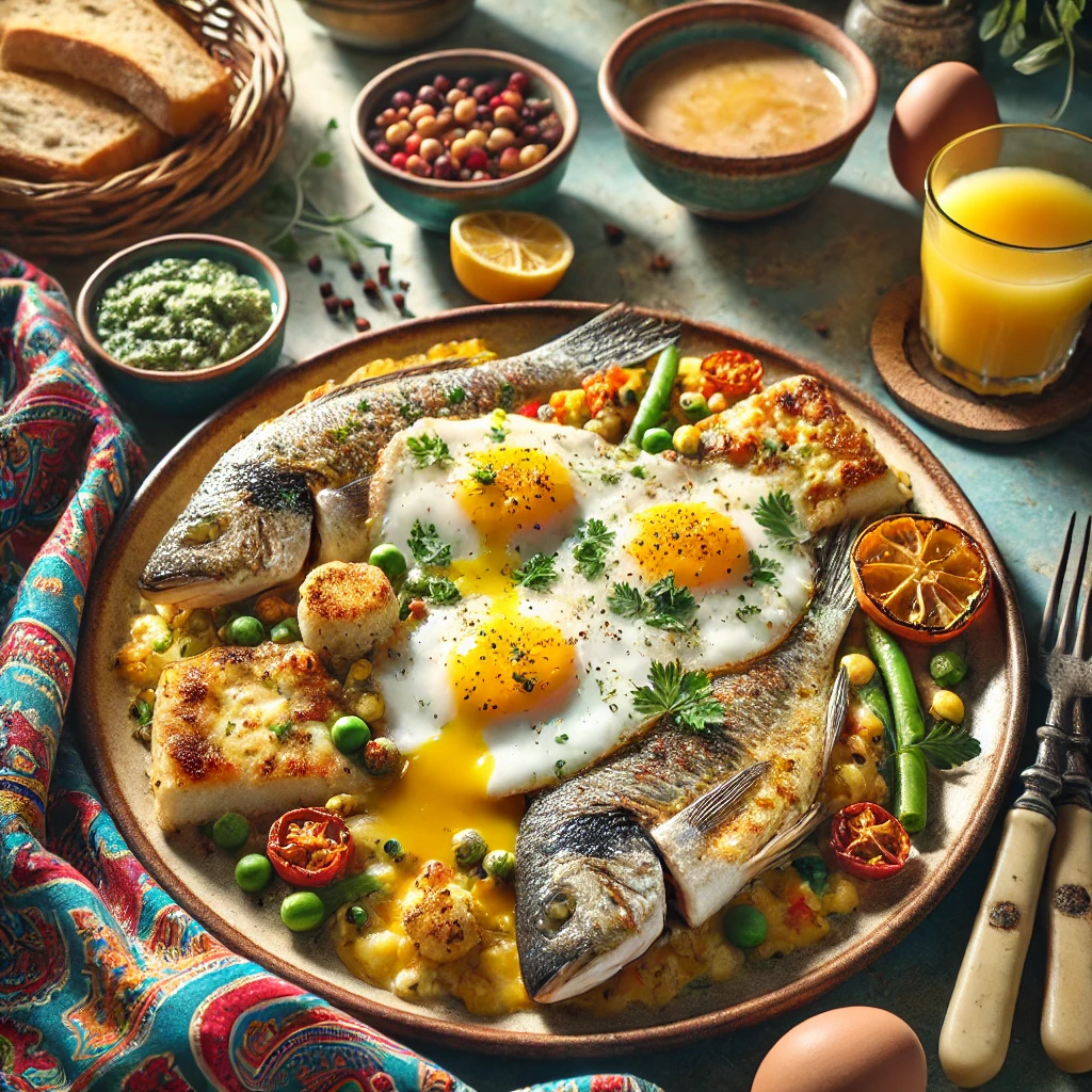 Quick-Fix Seafood Breakfast with tilapia and rockfish, topped with melted cheese and herbs, presented in a warm and vibrant breakfast setting.