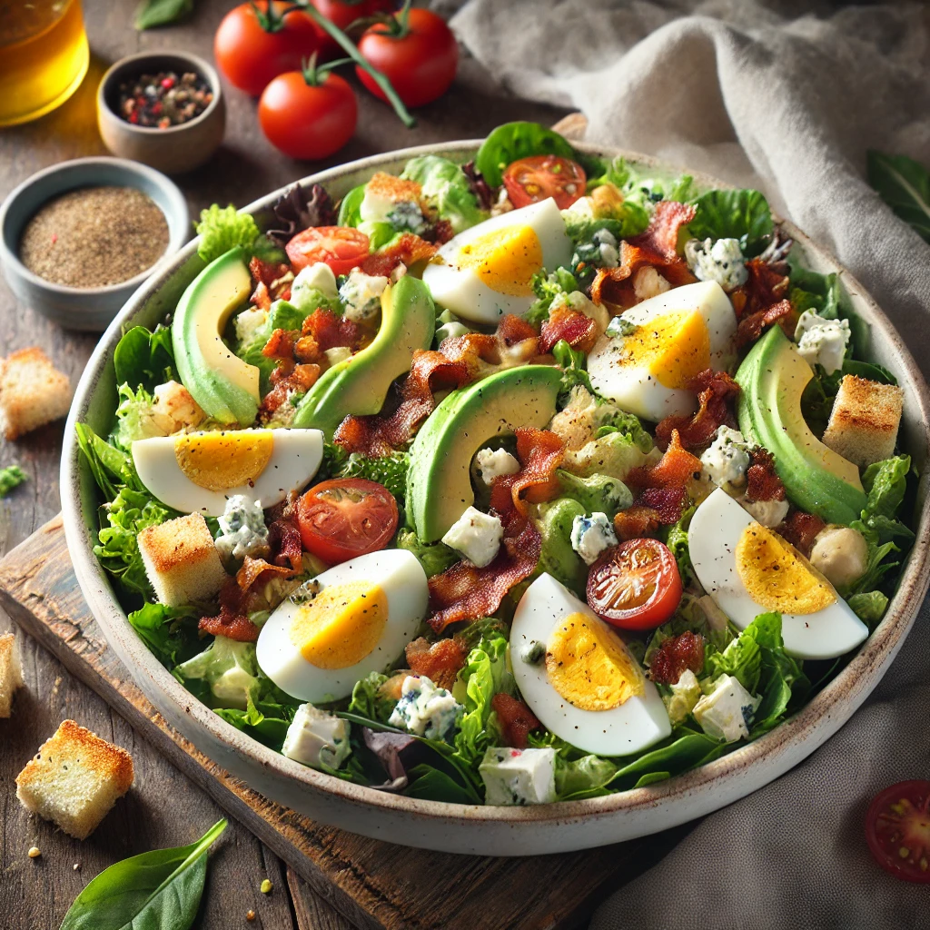A fresh Cobb egg salad on a rustic wooden table, featuring chopped hard-boiled eggs, crispy bacon, cherry tomatoes, avocado slices, crumbled blue cheese, and mixed greens, all tossed in a creamy dressing. Crunchy croutons add texture, with a sprinkle of freshly ground black pepper. The salad is served in a large bowl with a small dish of dressing and scattered fresh herbs nearby. Soft natural lighting enhances the fresh, inviting tones.