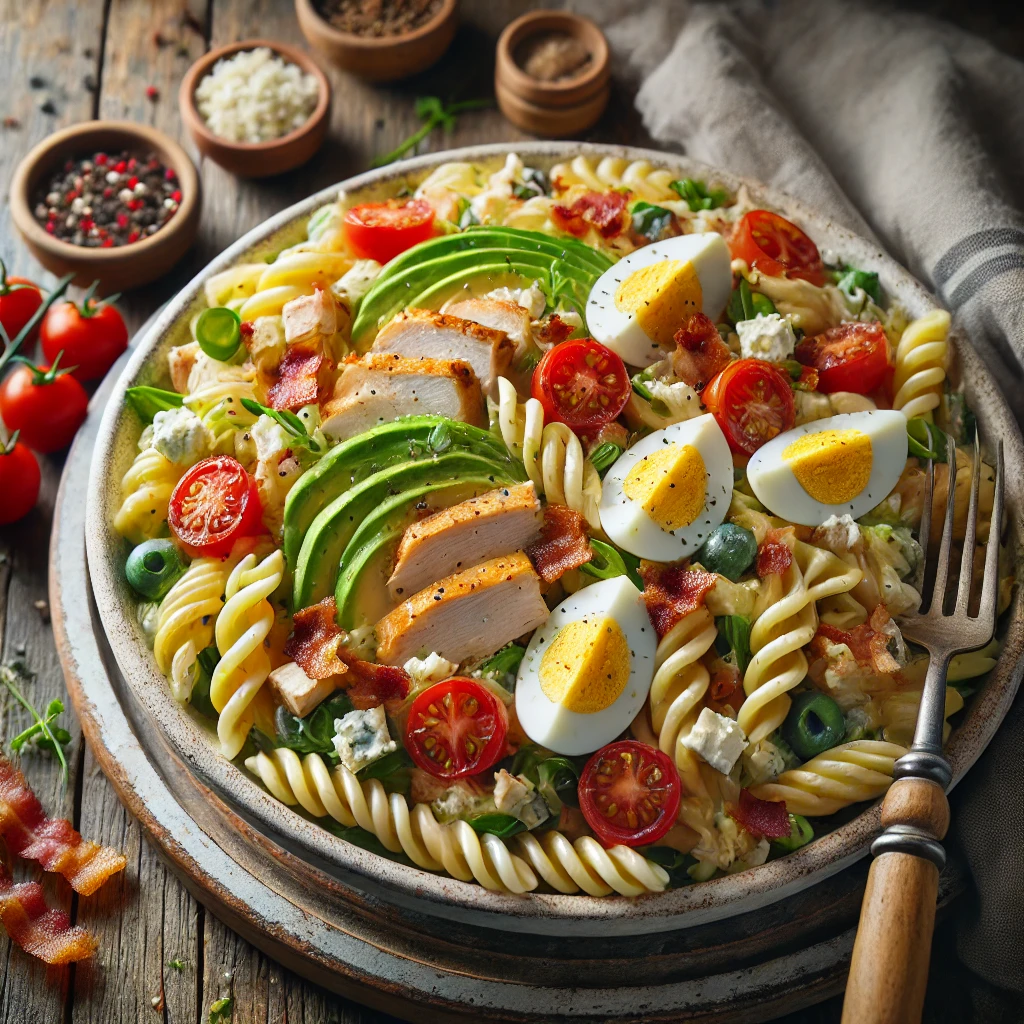 A bowl of Cobb pasta salad with tender pasta, grilled chicken, crispy bacon, cherry tomatoes, avocado chunks, hard-boiled egg slices, and crumbled blue cheese on a rustic wooden table. Tossed in a light ranch dressing and garnished with fresh chopped chives, with a serving spoon lifting a portion. A cozy napkin and wooden plate enhance the warm, inviting atmosphere.