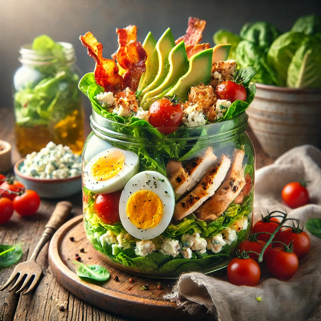 A Cobb salad in a jar with layers of romaine lettuce, cherry tomatoes, diced avocado, crumbled bacon, hard-boiled egg slices, grilled chicken, and blue cheese crumbles on a rustic wooden table. A second open jar with a fork inside showcases the fresh ingredients. A cozy napkin and wooden plate enhance the warm, inviting atmosphere.