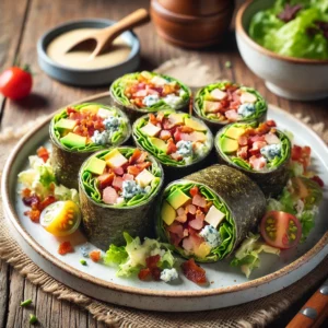 A plate of Cobb salad sushi on a rustic wooden table, featuring bite-sized sushi rolls made with thinly sliced lettuce, avocado, crispy bacon, diced chicken, cherry tomatoes, and crumbled blue cheese, all wrapped in a soft tortilla instead of seaweed. The rolls are drizzled with a creamy dressing and served with a small dish of dressing, fresh herbs, and extra sushi rolls. Soft natural lighting enhances the fresh, inviting tones.