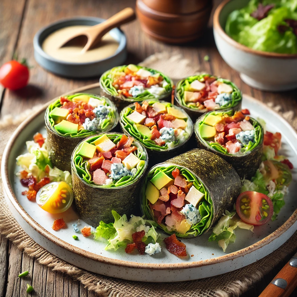 A plate of Cobb salad sushi on a rustic wooden table, featuring bite-sized sushi rolls made with thinly sliced lettuce, avocado, crispy bacon, diced chicken, cherry tomatoes, and crumbled blue cheese, all wrapped in a soft tortilla instead of seaweed. The rolls are drizzled with a creamy dressing and served with a small dish of dressing, fresh herbs, and extra sushi rolls. Soft natural lighting enhances the fresh, inviting tones.