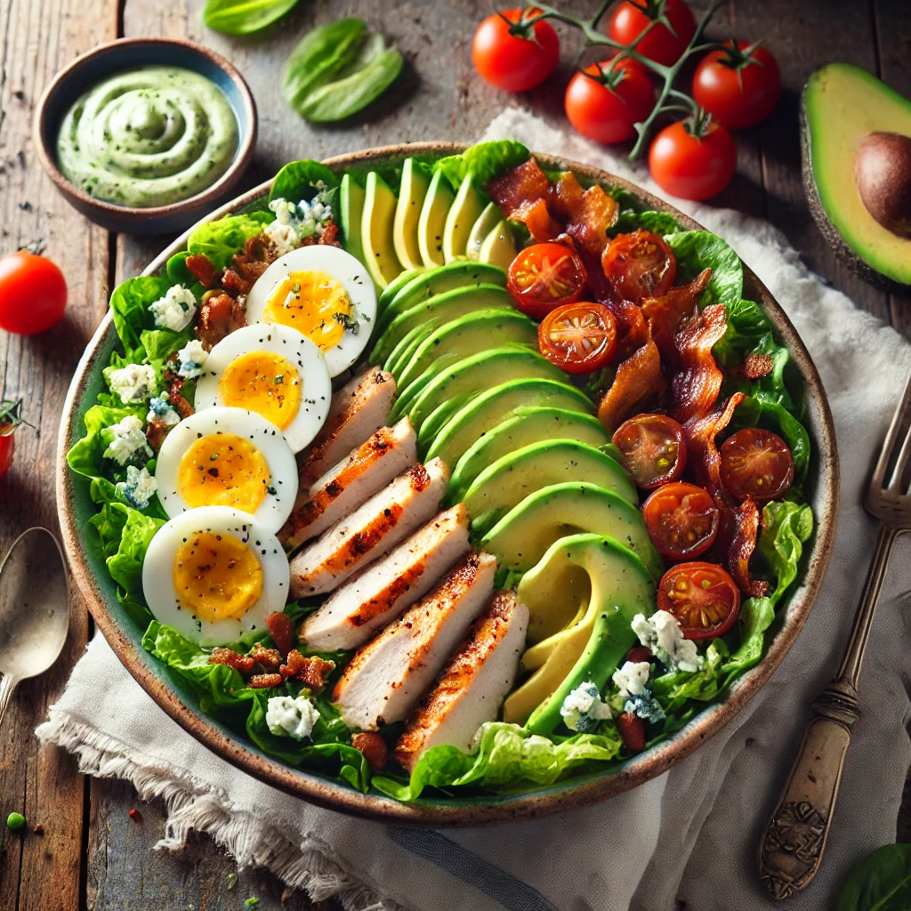 A vibrant Cobb salad on a rustic wooden table, featuring crisp romaine lettuce topped with rows of grilled chicken, crispy bacon, hard-boiled eggs, cherry tomatoes, avocado slices, and crumbled blue cheese. A small dish of creamy dressing sits beside the bowl, along with a fork and scattered fresh herbs. Soft natural lighting enhances the fresh, inviting tones.