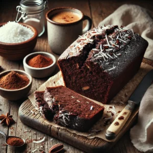 Cocoa-Nut Quick Bread, rich and dark, topped with a sprinkle of shredded coconut, sliced to reveal a moist interior. The loaf is styled on a rustic wooden table with a small bowl of shredded coconut, a jar of cocoa powder, a linen napkin, and a steaming cup of coffee, illuminated by soft natural lighting for a warm and inviting presentation.