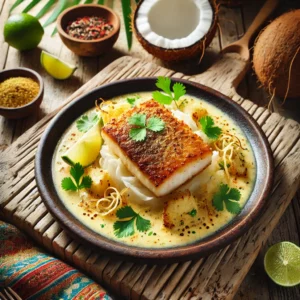 A perfectly seared snapper fillet with a golden crust, served over a creamy coconut-ginger sauce, garnished with fresh cilantro, julienned ginger, and a lime slice. The dish is presented on a rustic wooden plate, surrounded by coconut shells, a colorful cloth napkin, and a small bowl of spices, with bright natural lighting highlighting its tropical and fresh appeal.