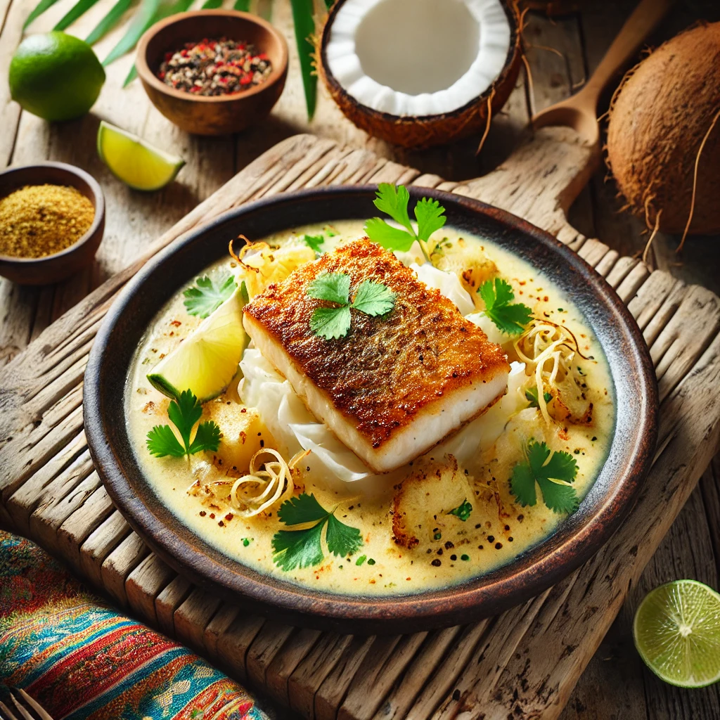 A perfectly seared snapper fillet with a golden crust, served over a creamy coconut-ginger sauce, garnished with fresh cilantro, julienned ginger, and a lime slice. The dish is presented on a rustic wooden plate, surrounded by coconut shells, a colorful cloth napkin, and a small bowl of spices, with bright natural lighting highlighting its tropical and fresh appeal.