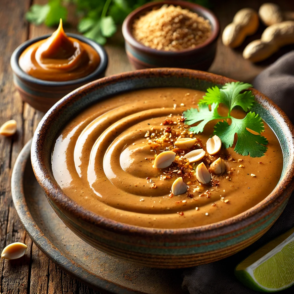 A rich and creamy Coconut Peanut Sauce served in a rustic ceramic bowl. The sauce has a smooth, velvety texture with a warm golden-brown hue, garnished with crushed peanuts and a drizzle of coconut milk. The bowl sits on a rustic wooden table, accompanied by a small dish of peanut butter, fresh cilantro, and a lime wedge. Warm, natural lighting enhances the inviting, homemade feel.