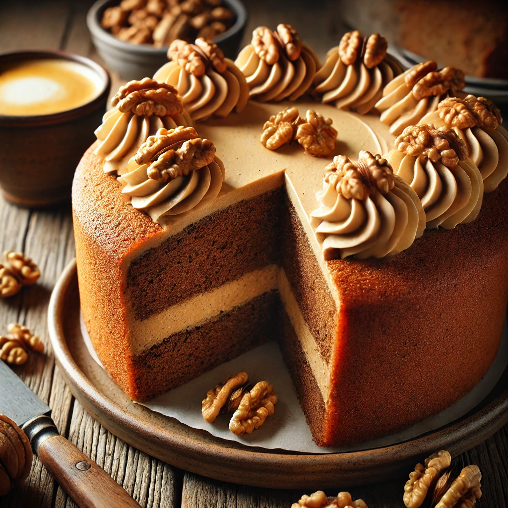 A freshly baked Coffee Cake with a golden-brown sponge and a smooth coffee-flavored buttercream icing, decorated with walnut halves. A slice is cut, revealing the moist, fluffy interior. The cake sits on a rustic wooden table, served on a ceramic plate with a cup of freshly brewed coffee nearby. Warm, natural lighting enhances the inviting textures and colors.