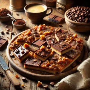 A plate of coffee toffee bark with a buttery toffee base infused with coffee flavor, topped with dark chocolate and sprinkled with crushed coffee beans and toffee bits on a rustic wooden table. Some pieces are broken apart to reveal the crisp, caramelized texture, with coffee beans scattered around. A cozy napkin and wooden plate enhance the warm, inviting atmosphere.