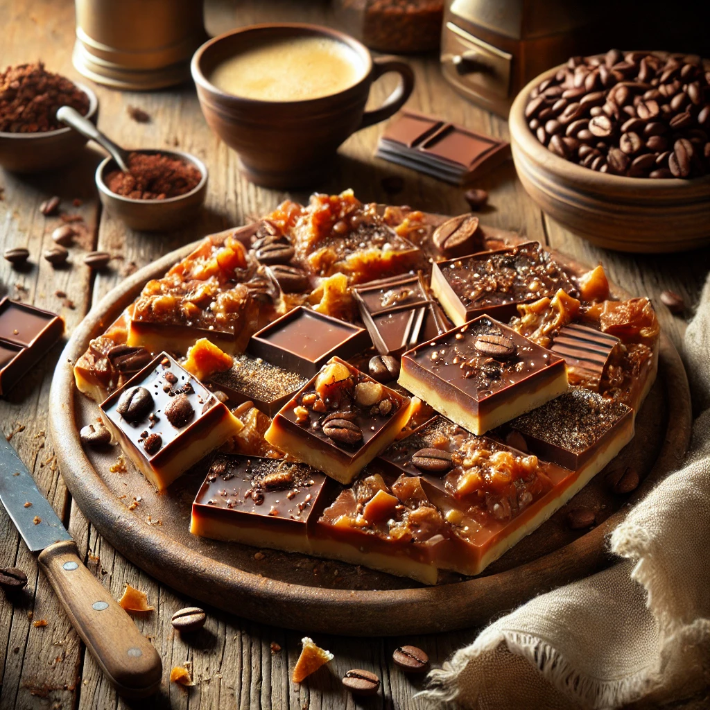 A plate of coffee toffee bark with a buttery toffee base infused with coffee flavor, topped with dark chocolate and sprinkled with crushed coffee beans and toffee bits on a rustic wooden table. Some pieces are broken apart to reveal the crisp, caramelized texture, with coffee beans scattered around. A cozy napkin and wooden plate enhance the warm, inviting atmosphere.