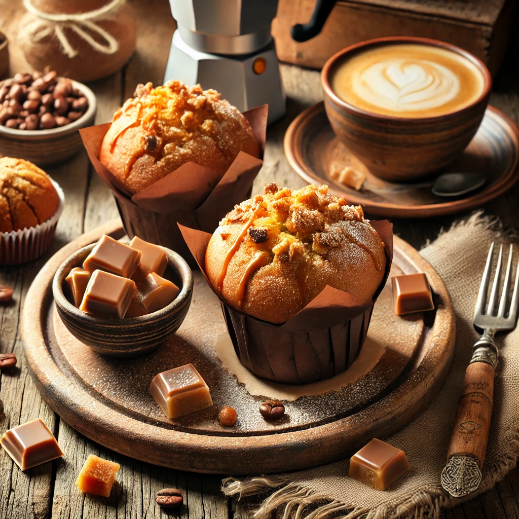 A cozy and inviting presentation of Coffee Toffee Muffins served on a rustic wooden plate. The muffins are golden brown with a crunchy toffee topping, lightly dusted with powdered sugar. The setup includes a cup of coffee, a small bowl of toffee pieces, a dessert fork, and a warm napkin on a rustic tablecloth, illuminated by bright natural light to emphasize the comforting and indulgent appeal of this delightful treat.
