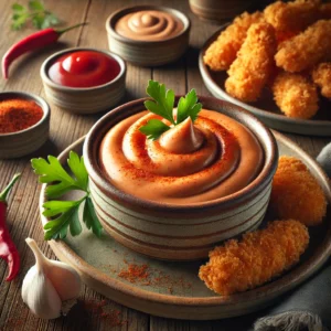 A small rustic ceramic bowl of Come Back dipping sauce sits on a wooden table. The sauce is creamy and reddish-orange, garnished with a sprinkle of paprika and a parsley leaf. Beside the bowl are freshly fried chicken fingers on a serving plate, accompanied by small bowls of ketchup, chili sauce, and mayonnaise, as well as a clove of garlic and a bottle of hot sauce. Soft natural light highlights the smooth texture of the sauce and the crispy chicken fingers, creating a warm and appetizing presentation.