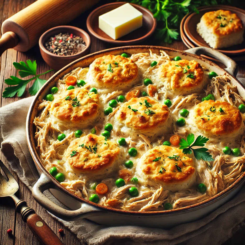 Tender shredded chicken in a creamy, savory sauce with peas and carrots, topped with golden, flaky biscuits, served in a rustic baking dish.
