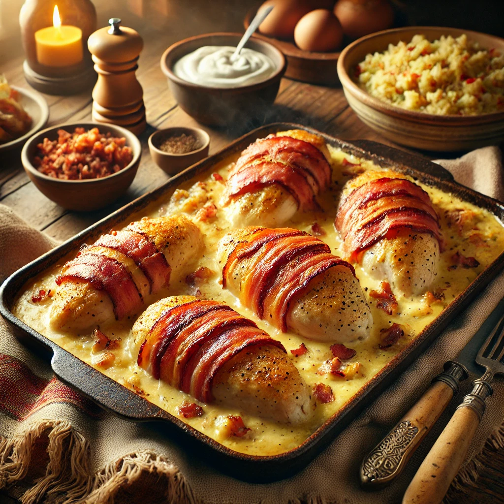A warm and inviting Sunday dinner featuring boneless, skinless chicken breasts cooked in a creamy sauce, placed on a bed of chipped beef and optionally wrapped in crispy bacon. The dish is baked to golden perfection, served in a rustic baking dish, accompanied by vegetables and a fresh salad. The cozy kitchen setting has warm natural lighting, creating a comforting atmosphere perfect for a family meal.