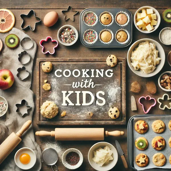A rustic flat lay of playful cooking ingredients and snacks on a dark wooden table, including cookie cutters, cupcake liners, sprinkles, dough, fruit, and mini sandwiches. The layout is warm, casual, and slightly messy for a hands-on kid-friendly vibe. At the top of the image, 'COOKING WITH KIDS' is written in large cream-colored serif letters, centered and positioned above all food items.